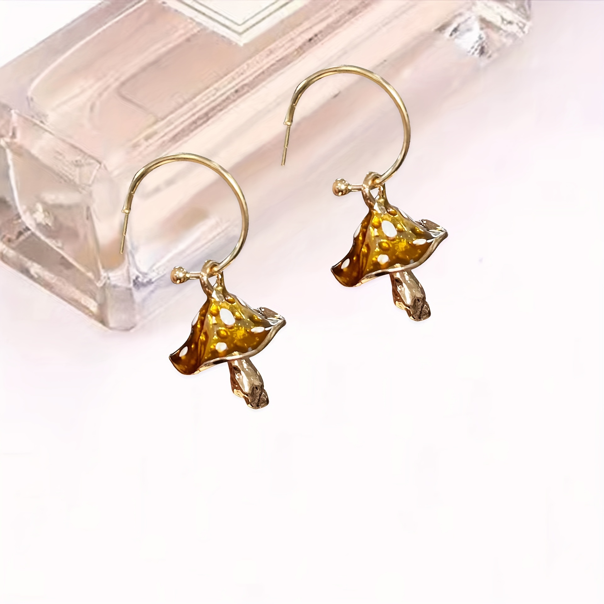 Vintage Mushroom Dangle Earrings Enamel Coating Hypoallergenic